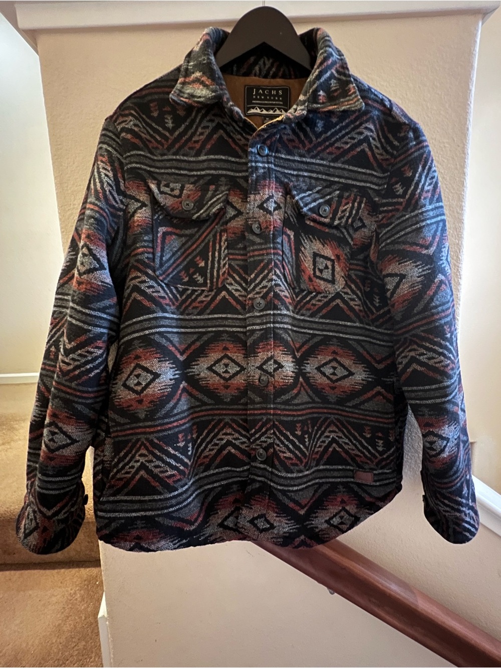 Jachs Men’s Aztec Shirt Jacket in Black with Rust and Teal Accents